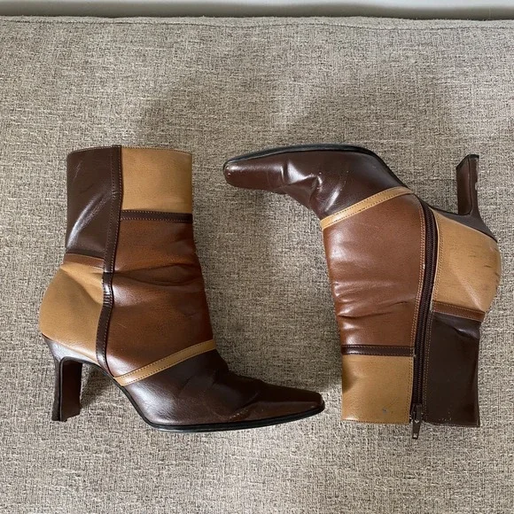 Vintage Y2K Patchwork Faux Leather Booties Boots Size 8M Square Toe Boho Brown - Picture 3 of 13